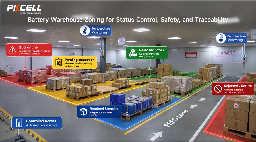 Battery Warehouse Zoning for Status Control, Safety, and Traceability
