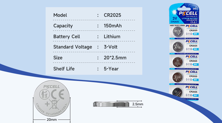 PKCell CR2025 battery specifications and blister package