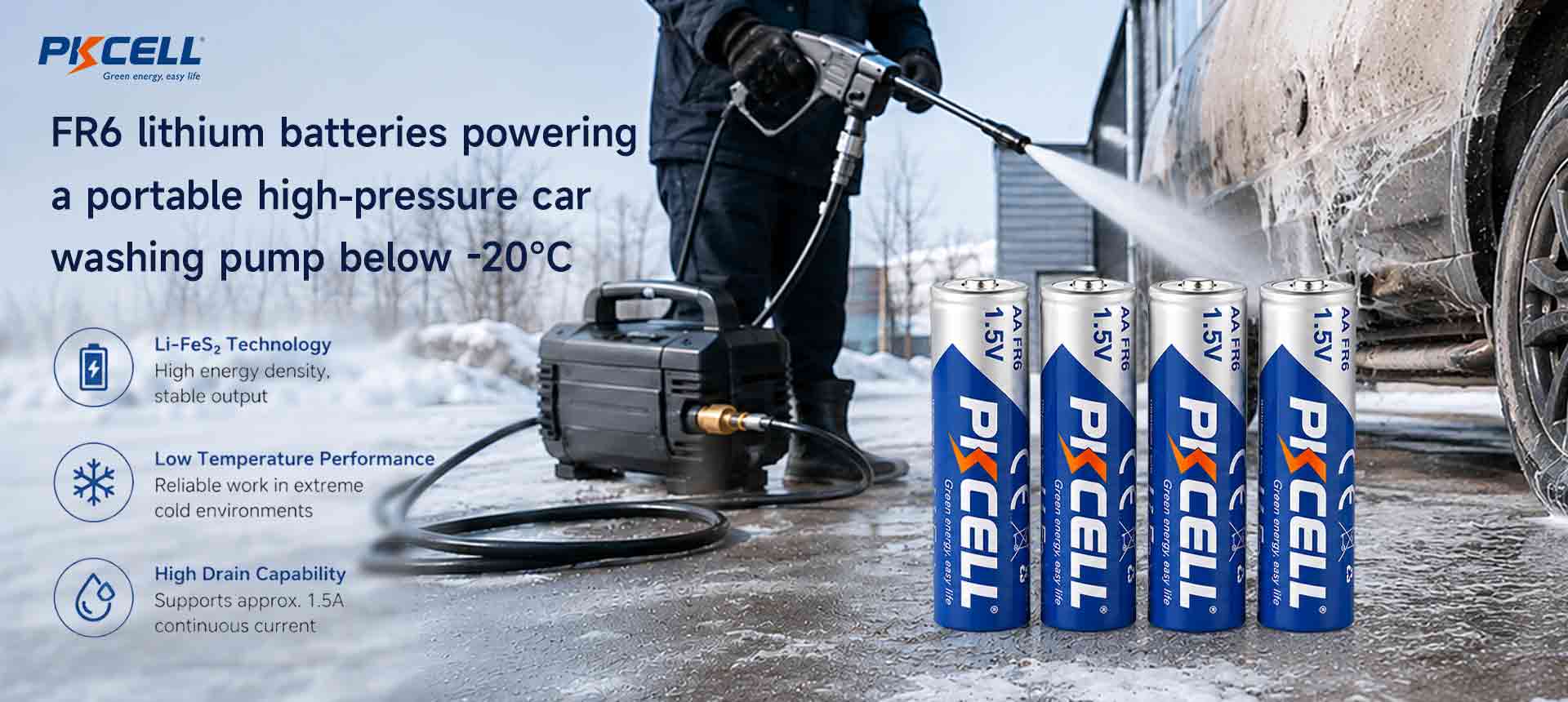 FR6 lithium batteries powering a portable high-
pressure car washing pump below -2°C