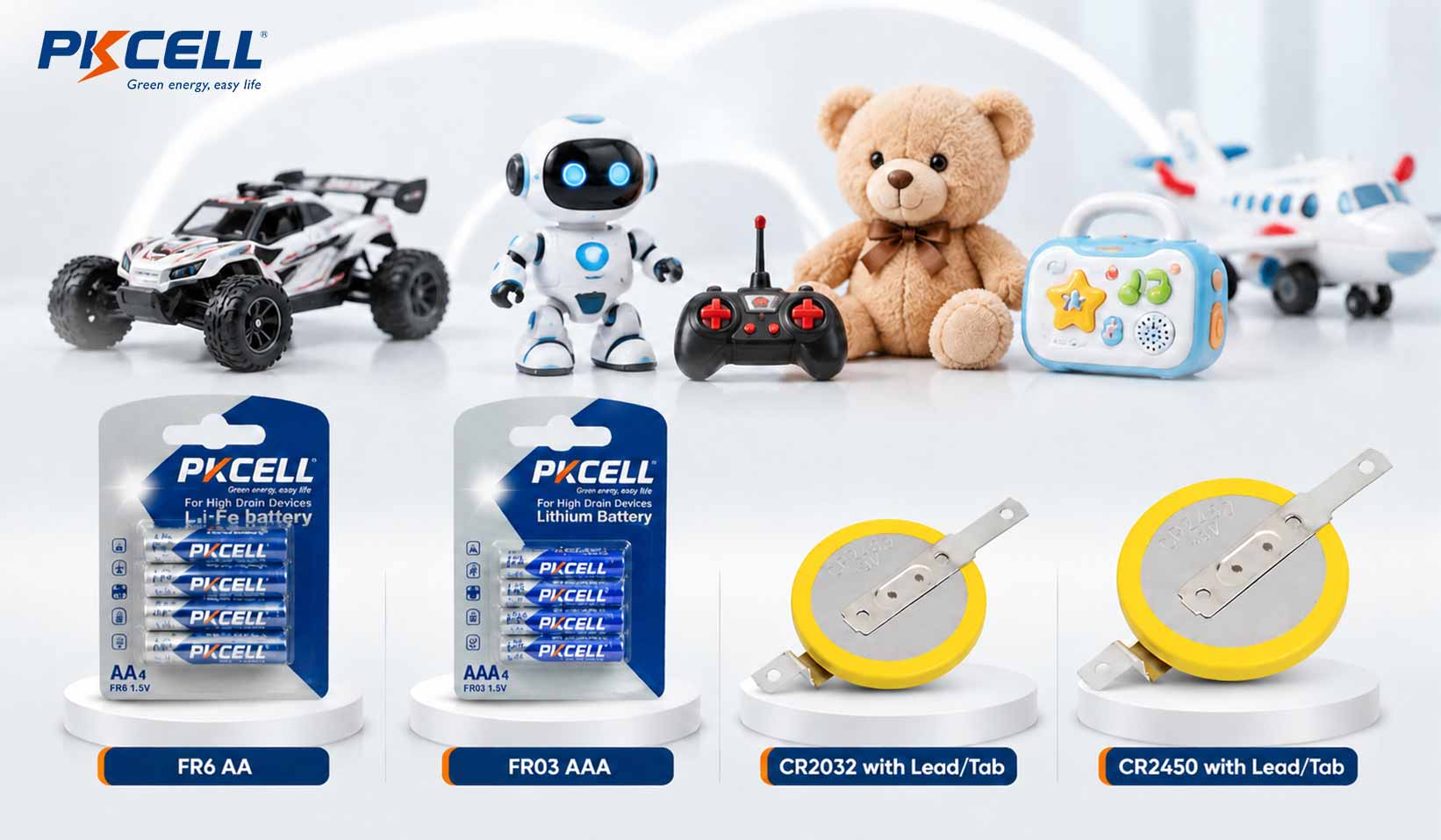 PKCELL FR6 AA and FR03 AAA Li-FeS2 cells alongside CR2032 and CR2450 coin cells for compatible electronic toy designs
