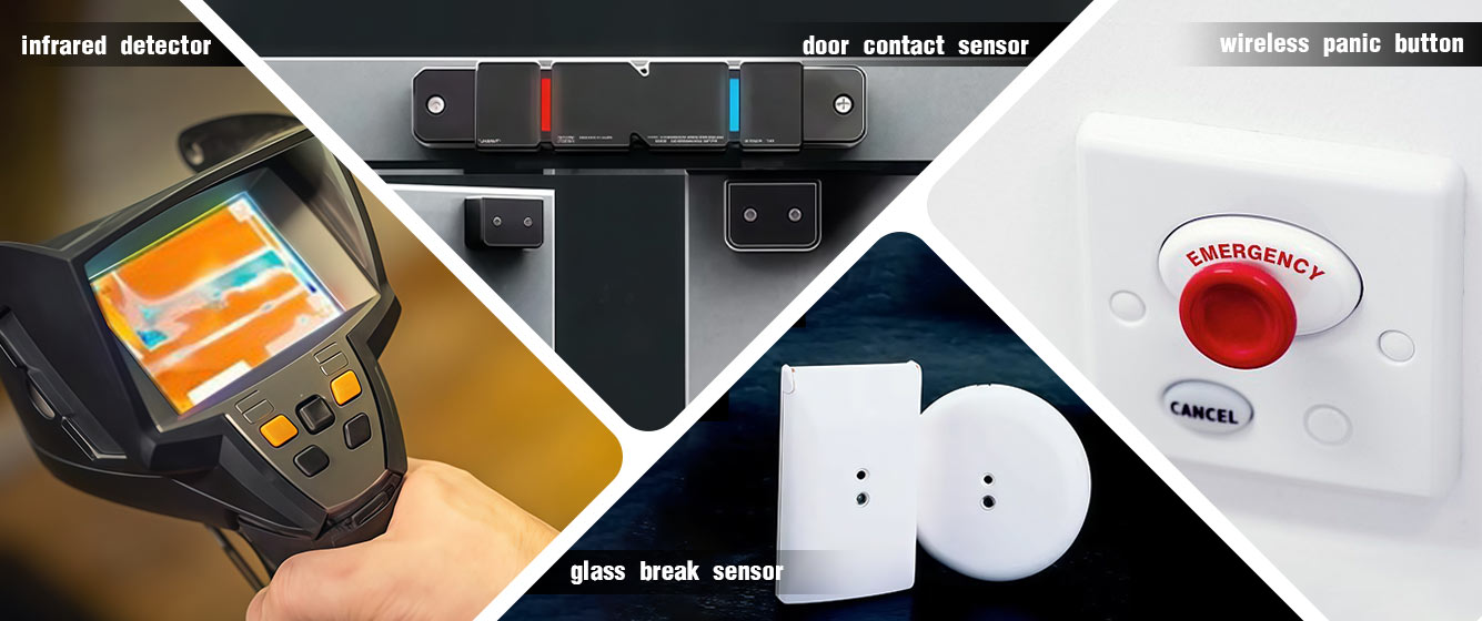 infrared detector, door contact sensor, glass break sensor, wireless emergency button