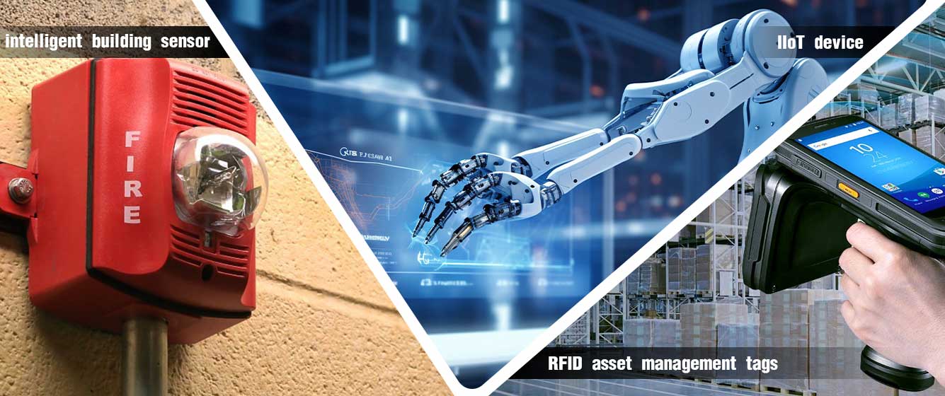 From left to right, there are 3 devices:  intelligent building sensor, IIoT device and RFID asset management tag 