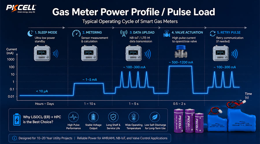 Gas meter power profile showing wireless communication and valve pulse current