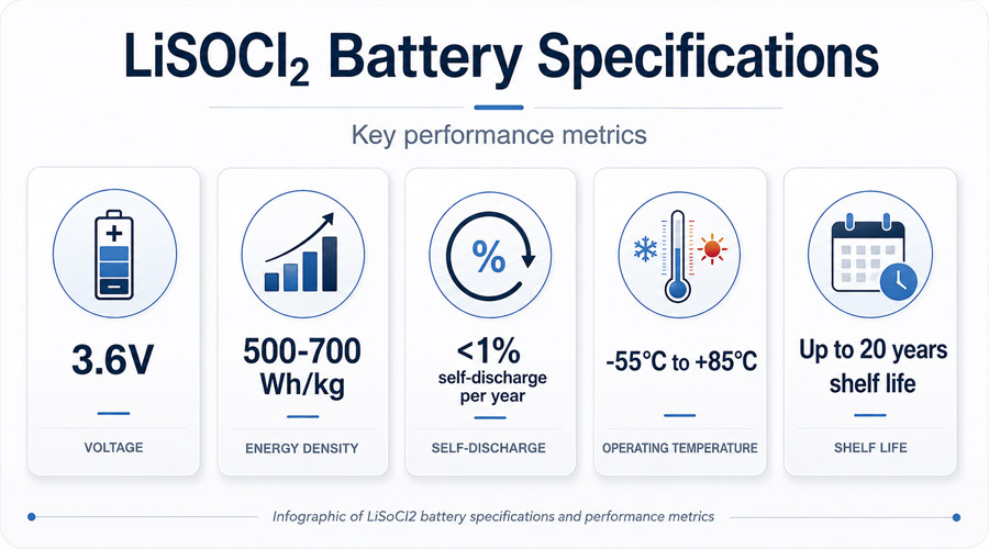 Infographic of LiSoCl2 battery specifications and performance metrics