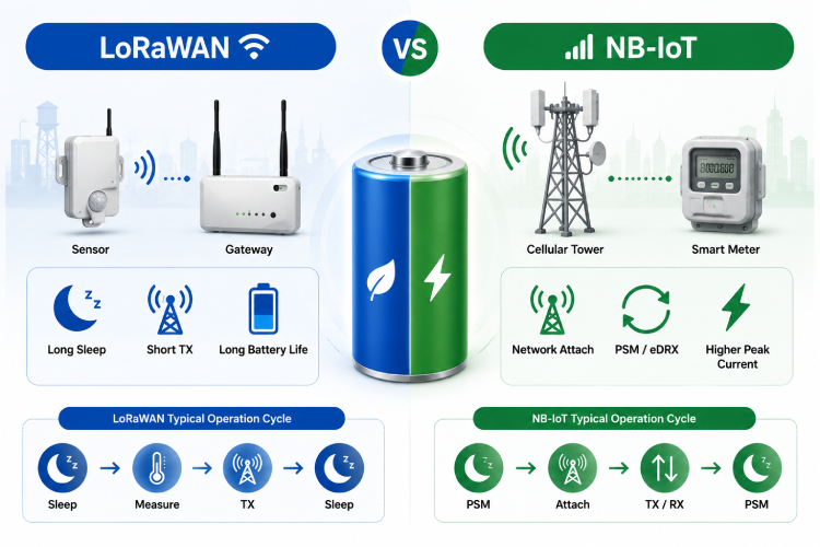 LoRaWAN vs NB-IoT battery life comparison for industrial IoT devices