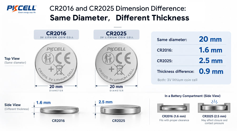 CR2016 and CR2025 Dimension Difference: Same Diameter Different Thickness
