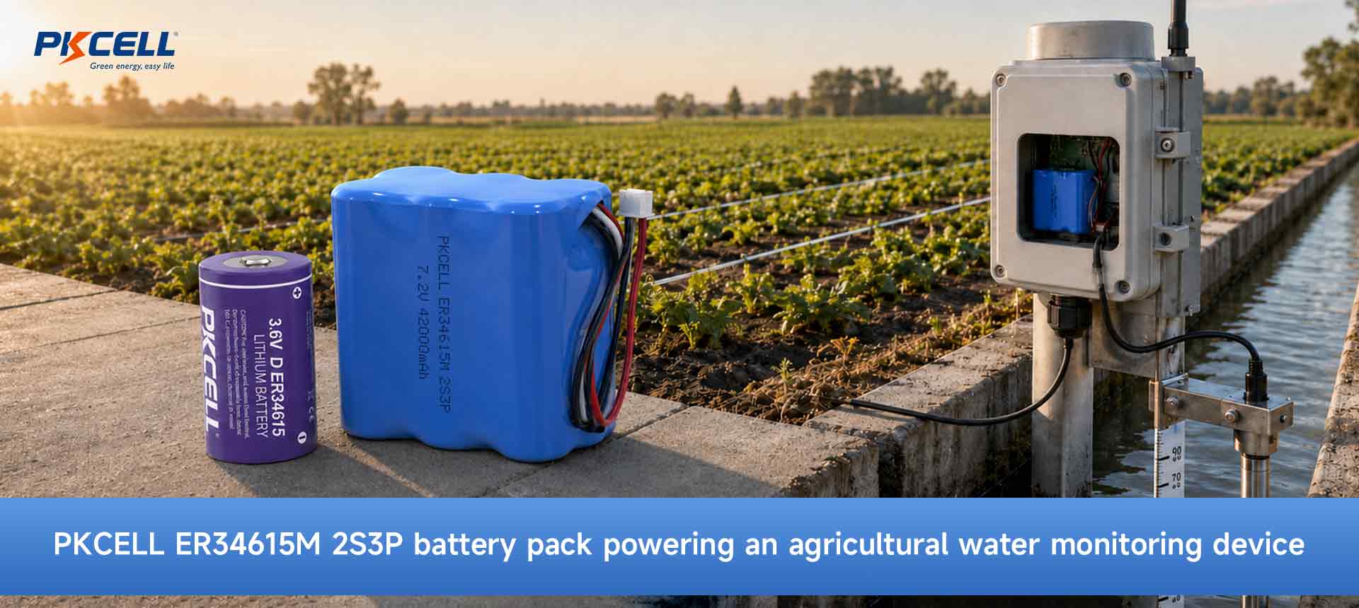 PKCELLER34615M 2S3P battery pack powering an
agricultural water monitoring device