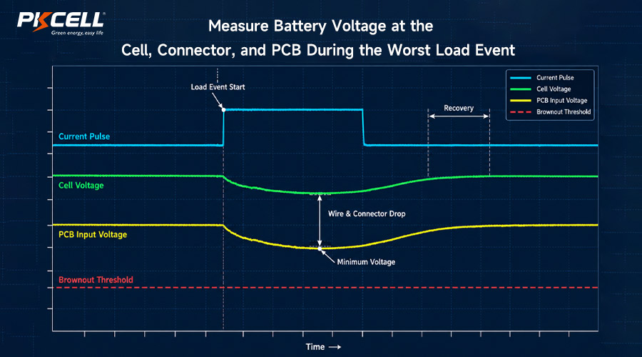 Measure Battery Voltage at the Cell, Connector, and PCB During the Worst Load Event